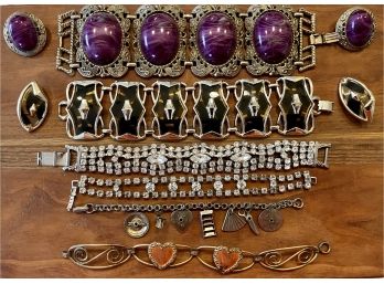 Collection Of Vintage Panel Bracelets And Matching Earrings, Charm Bracelet, Rhinestone Bracelets And More