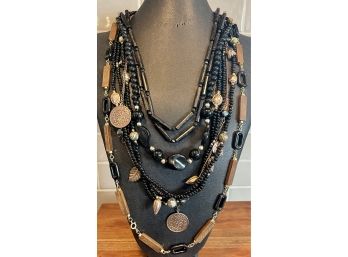 Vintage Collection Of  Mid Century Black & Brown Wood, Bead, Plastic And Metal Necklaces