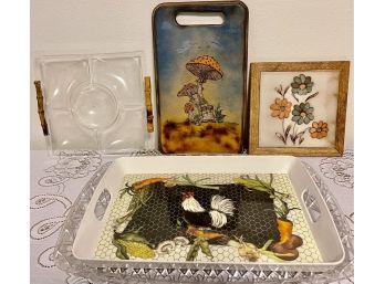 Collection Of Vintage Trays And Cutting Boards - Tile, Plastic, And Resin