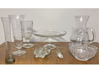 Collection Of Vintage And Antique Clear Glassware - Etched Celery Dishes, Cake Plate, Etched Pitcher, Basket