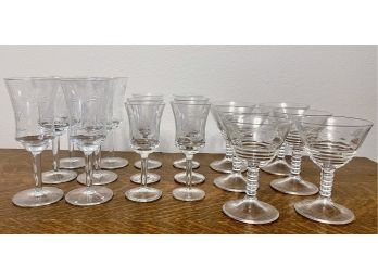 Collection Of Antique Glassware - Ribbed Etched Wine Glasses - Etched Cordial Glasses And Wine Glasses