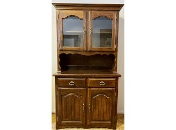 Vintage Dark Wood Country Style Buffet With Top Glass Shelves