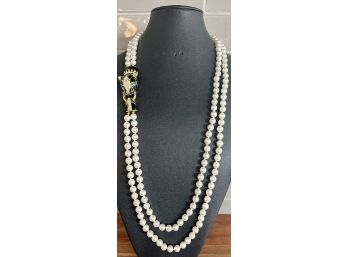 Park Lane Vintage Double Strand Faux Pearl Necklace With Enamel & Rhinestone Panther Medallion
