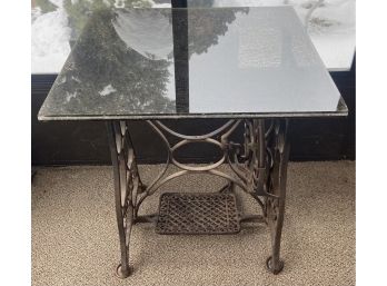 Antique New Home Sewing Machine Table Base With Crackle Glass Top (as Is)