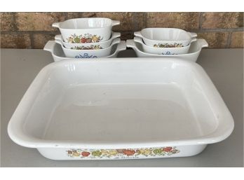 (8) Assorted Size And Pattern Corning Ware Casseroles And Enamelware Tray (as Is)
