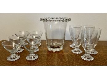 Vintage Anchor Hocking Berwick Boopie Footed Sorbet And Water Glasses And Antique Berwick Boopie Ice Bucket