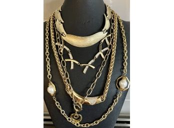 Vintage Collection Of Gold Tone Necklaces With Rhinestones, Park Lane Crosses, Choker, Slides And More