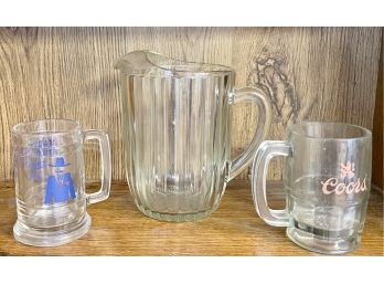 Vintage Ribbed Glass Beer Pitcher With Coors Mug And Wild West Show Mug
