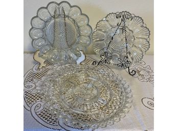 (3) Vintage Glass Serving Trays, (2) Egg Trays (1) Divided Dish
