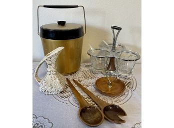 Mid Century Modern Serving Lot - Thermo Serve Ice Bucket, Milbern Creations Condiment Dish,  & More