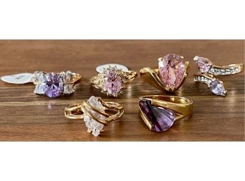 (6) Assorted Pink And Purple Stone Gold Tone Designer Costume Rings