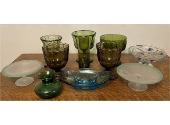 Vintage Collection Of Green And Blue Mid Century Modern Glass - Compotes, Vases, Frosted Glass, And More