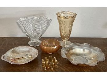 Collection Of Antique And Vintage Art Glass And Carnival Glass - Iris Vase And Bowl, Divided Dish & More
