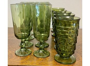 (8) Mid Century Modern Set Of Tall Green Drinking Glasses, (5) Green Optic Footed Drinking Glasses