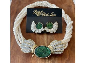 Gorgeous Park Lane Vintage Multi Strand Faux Pearl Statement Necklace With Green Abalone & Rhonestones