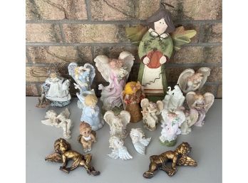 Collection Of Assorted Ceramic, Material, Wood, And Resin Angel Decor