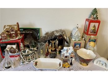 Large Collection Of Vintage Christmas Decor - Light Up Houses, Manger With Porcelain Nativity, Lenox Ornament