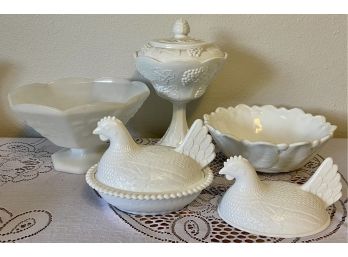 Collection Of Milk Glass, Grape Pattern Candy Dish, Rooster Dish, And Bowls