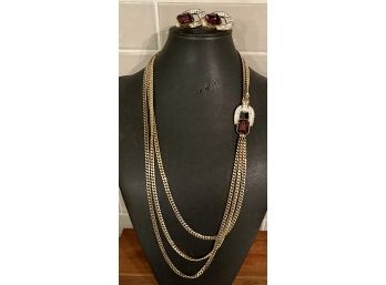Park Lane Gold Tone Three Strand Amethyst Color Stone Medallion Necklace With Matching Clip Earrings