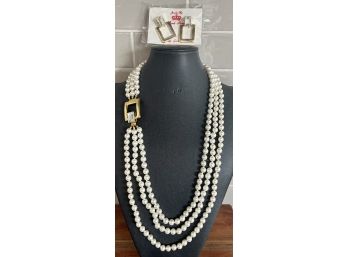 Park Lane 3 Strand Faux Pearl Necklace With Gold And Rhinestone Medallion & Matching Earrings In Original Pack