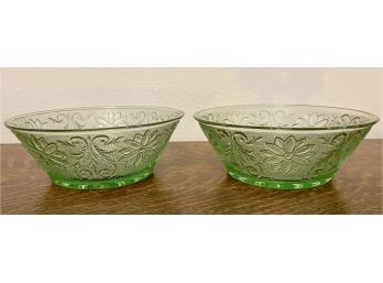 (2) Green Depression Glass Floral Pattern Serving Bowls