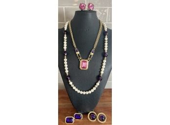 Park Lane Vintage Pink Medallion Rhinestone Necklace & Matching Clip Earrings  Purple Faux Pearl Necklace