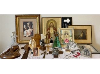 Large Collection Of Vintage Religious Decor Including 2 Roseries, Crosses, Candle Holders, Pictures, And More