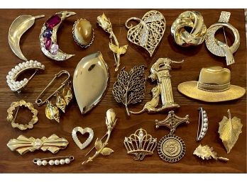 Collection Of Vintage Brooch And Pins - Park Lane - Gerrys - 12K GF W Faux Pearl, Crown, Leaves & Sweater Clip