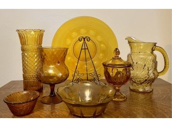 Vintage Collection Of Amber Glass - Tray , Vase, Pitcher, Candy Dish, And More