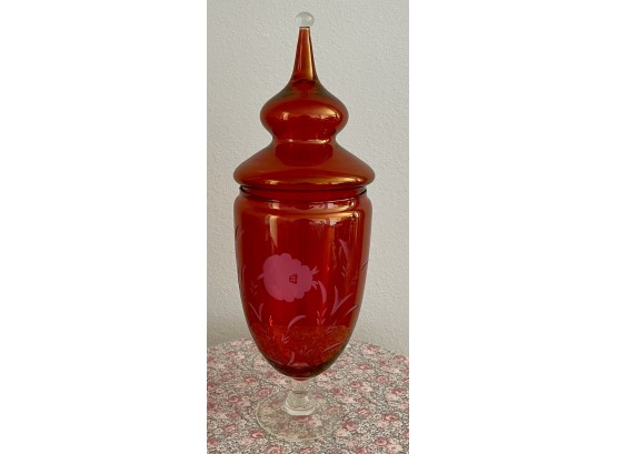 Large Cranberry Art Glass Cut To Clear Lidded Candy Dish