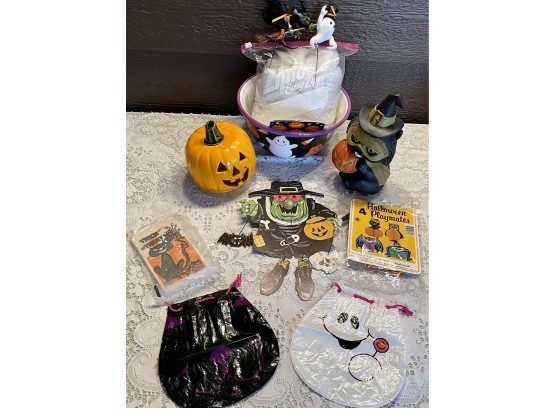 Vintage Halloween Paper Decor, Bowl, Pumpkin, & Cat Figurine