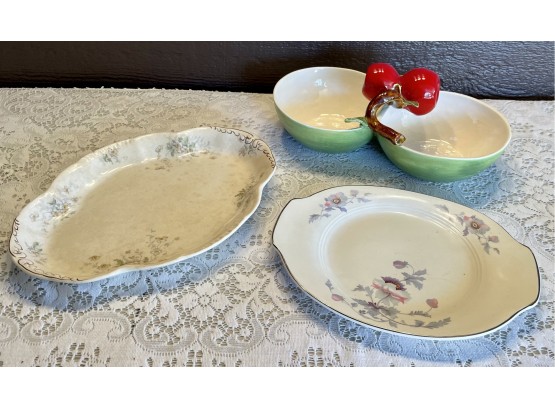 Vintage Bryn Mawr Salem China Platter, Sebring Porcelain Platter, & Apple Double Sided Ceramic MCM Dish