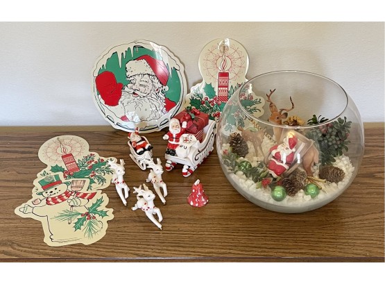 Vintage Reindeer & Santa Sleigh Signed Japan, Prismatic 1989 Wall Hangers & Terrarium W Deer & Mercury Glass