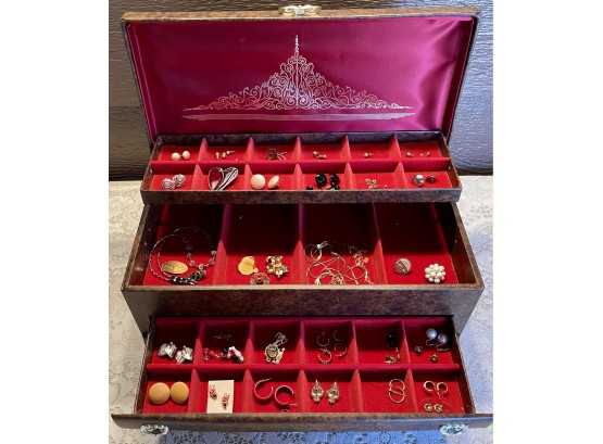 Vintage 4-tier Buxton Jewelry Box With Contents Including Monet, Christmas, Gold Tone Chains, & More