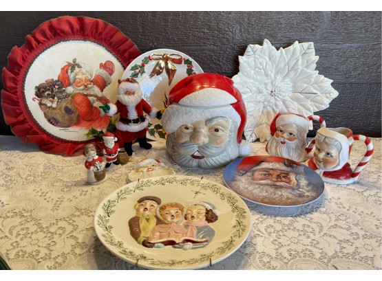 Large Vintage Lot Of Assorted Christmas Decor Including Mugs, Santa Cookie Jar,  Plates & Santa