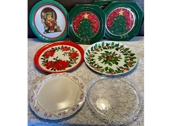Assorted Holiday Platters Including Two Large Vintage Hallmark Metal Platters, A Ceramic Cake Plate & More
