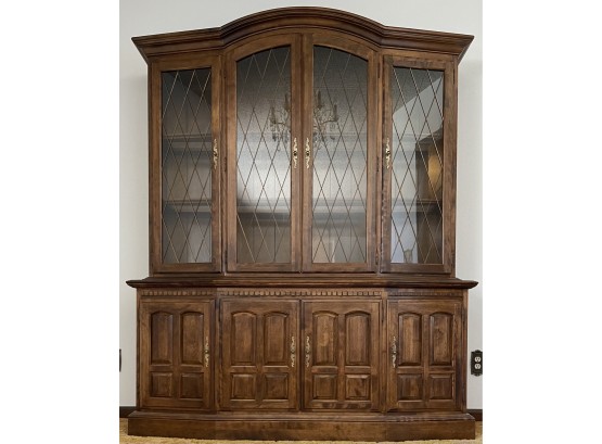 Beautiful Dark Stained Wood Ethan Allen Lighted China Hutch Cabinet With Metal  Lattice And Dovetail Drawers