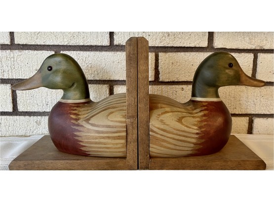 (2) Vintage Hand Painted Wooden Mallard Bookends