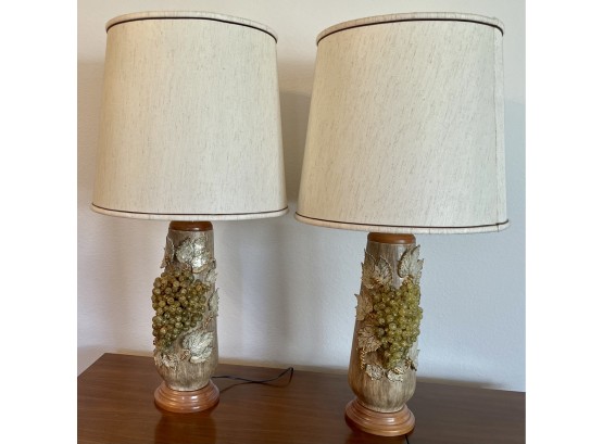 (2) Mid Century Modern Ceramic 3-way Lamps - Grape & Leaf Motif  (bottom Tier Of Lamp Lights Up)