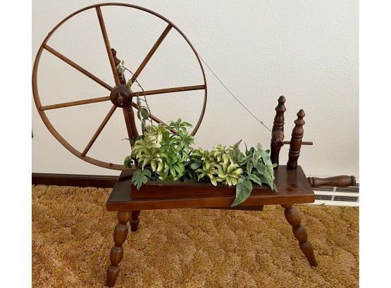 Vintage Wooden Spinning Wheel Planter With Faux Plant