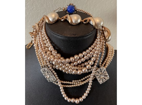 Vintage Faux Pearl Necklaces, Rhinestones, Vintage Mexico Sterling Silver Ring 8.1 Grams, Kramer Bracelet