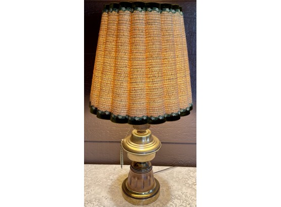 Amazing Mid Century Modern Brass & Wood Converted Oil Lamp, Green Velvet Trim And Orange & Brown Tweed Shade