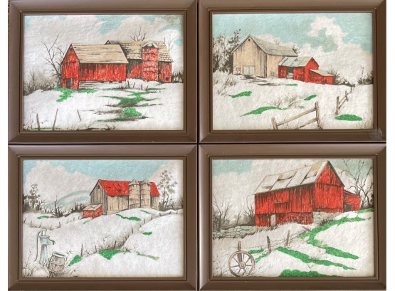 (4) Small Hand Painted Felt Farm Scenes In Plastic Frames Unmarked