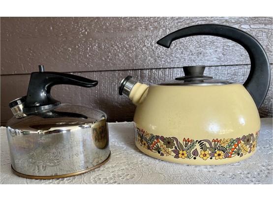 (2) Whistling Tea Pots, One Paul Revere Ware(copper Bottom), And One Enamel And Floral MCM