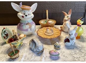 Lot Of 1960's Hand Painted Ceramic Easter Decor, Bunny Cookie Jar, Rooster Egg Platter, Daffodil Basket, Eggs