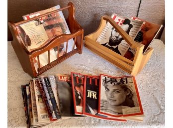 (2) Wood Magazine Racks With Assorted Magazines Including LIFE, Time, And Princess Diana Commemorative Issue