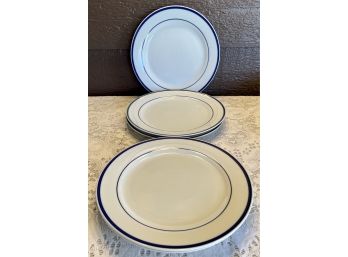 (5) Maitre De By Oneida Porcelain Blue Rim Dinner Plates Dinnerware