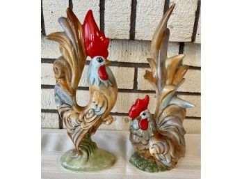 (2) Intricate Mid Century Hand-painted Glazed Ceramic Roosters