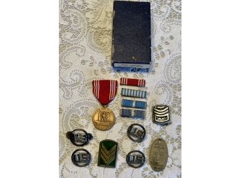 Assorted Vintage Military Pins Including Code Of Conduct Medal, Bars, & US Pins