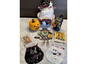 Vintage Halloween Paper Decor, Bowl, Pumpkin, & Cat Figurine